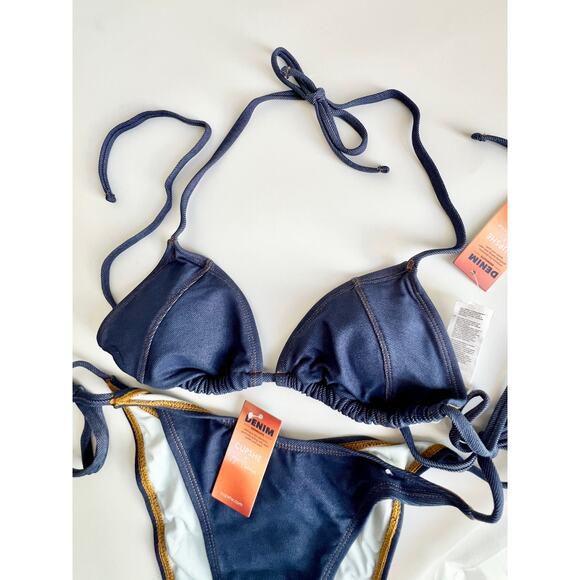 NWT Cupshe X JoJo Escaping Denim Effect Bikini Top & Side Tie Bottoms Set Blue S - Picture 4 of 9